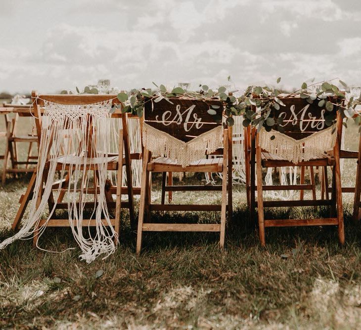 Macrame Chair Back Decor | Trestle Table Decor | Boho at The Barns at Lodge Farm, Essex, by Rock The Day Styling | Kelsie Low Photography