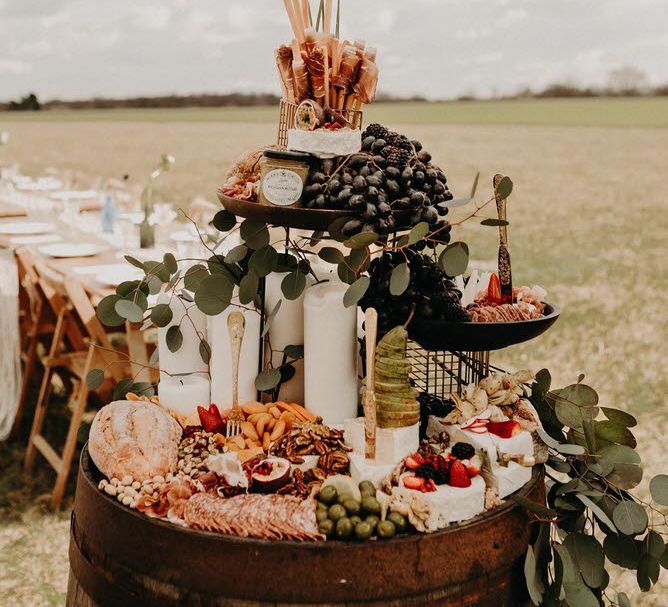 Grape &amp; Fig Grazing Barrel Boho at The Barns at Lodge Farm, Essex, by Rock The Day Styling | Kelsie Low Photography