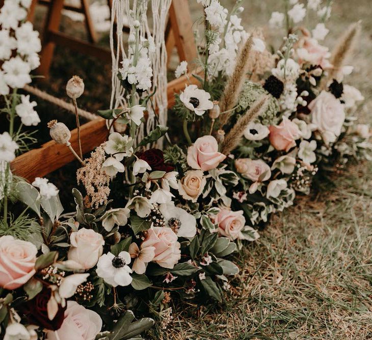 Antique Pink Rose Floral Arrangement | Boho at The Barns at Lodge Farm, Essex, by Rock The Day Styling | Kelsie Low Photography