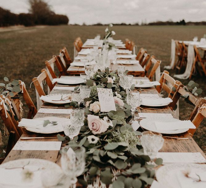 Trestle Tablescape Wedding Decor | Boho at The Barns at Lodge Farm, Essex, by Rock The Day Styling | Kelsie Low Photography