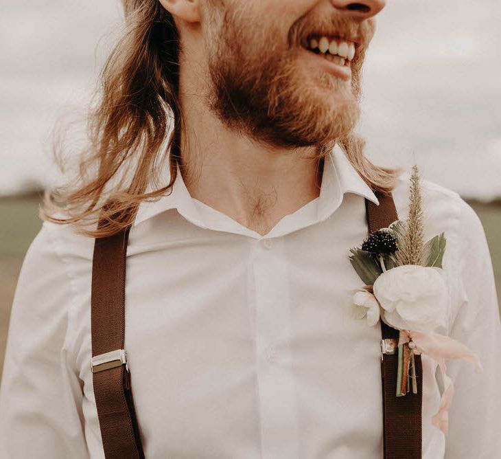 Two Bohemians Groom |Chinos, White Shirt &amp; Braces | Boho at The Barns at Lodge Farm, Essex, by Rock The Day Styling | Kelsie Low Photography