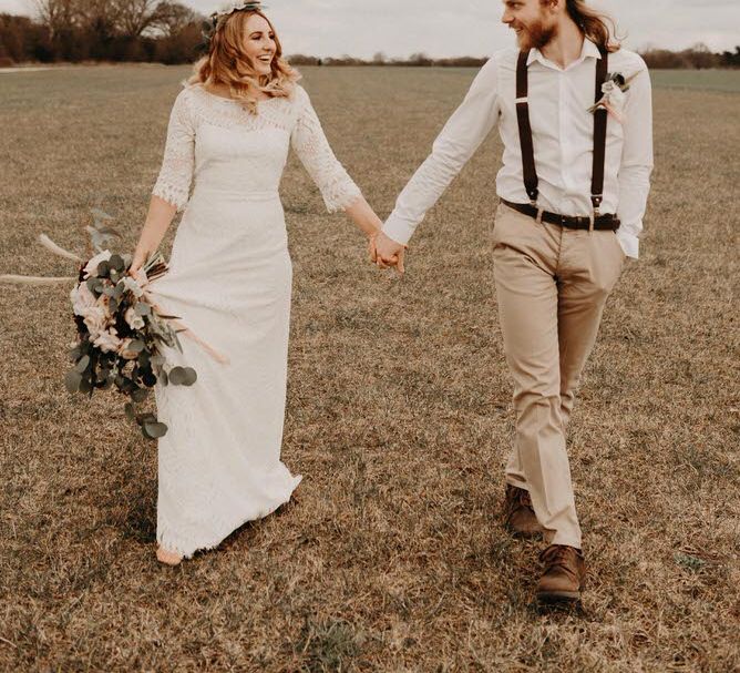 Two Bohemians Couple | Lucy Can't Dance Lace Bridal Gown | Boho at The Barns at Lodge Farm, Essex, by Rock The Day Styling | Kelsie Low Photography