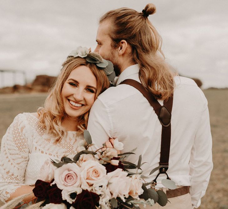 Two Bohemians Couple | Lucy Can't Dance Lace Bridal Gown | Boho at The Barns at Lodge Farm, Essex, by Rock The Day Styling | Kelsie Low Photography