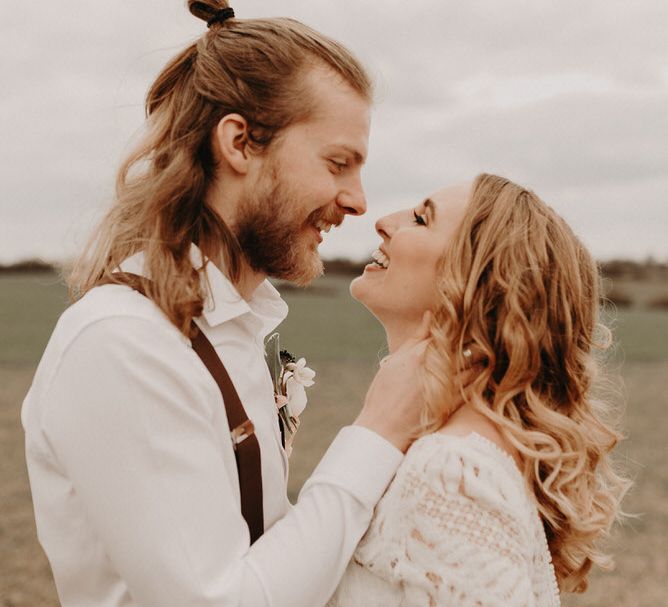 Two Bohemians Couple | Lucy Can't Dance Lace Bridal Gown | Boho at The Barns at Lodge Farm, Essex, by Rock The Day Styling | Kelsie Low Photography