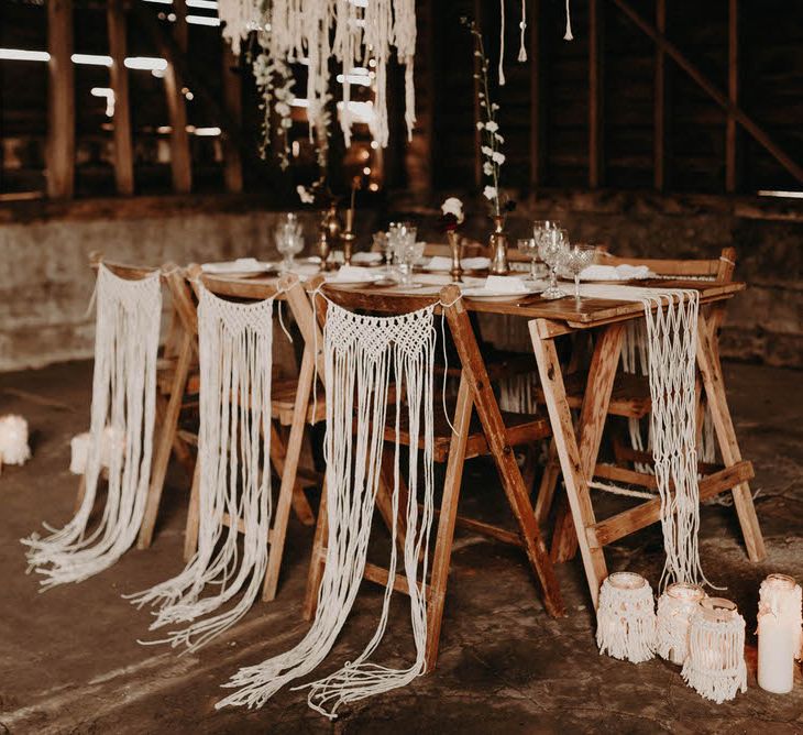 Table Scape | Goblets, Macrame &amp; Vintage Plate Wedding Decor | Boho at The Barns at Lodge Farm, Essex, by Rock The Day Styling | Kelsie Low Photography