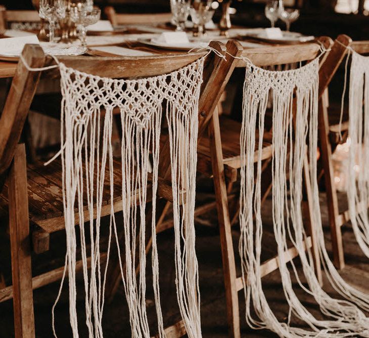 Macrame Chair Backs  | Wedding Decor | Boho at The Barns at Lodge Farm, Essex, by Rock The Day Styling | Kelsie Low Photography