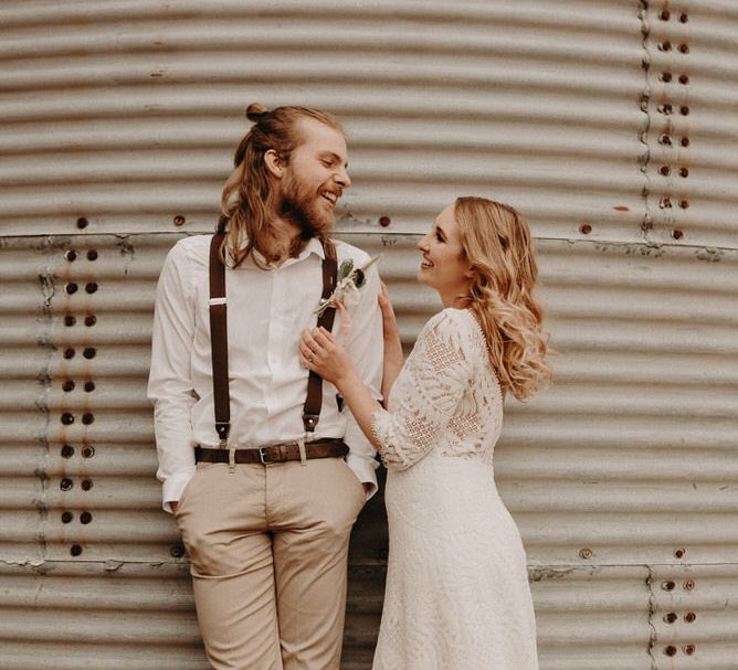 Two Bohemians Couple | Lucy Can't Dance Lace Bridal Gown | Boho at The Barns at Lodge Farm, Essex, by Rock The Day Styling | Kelsie Low Photography