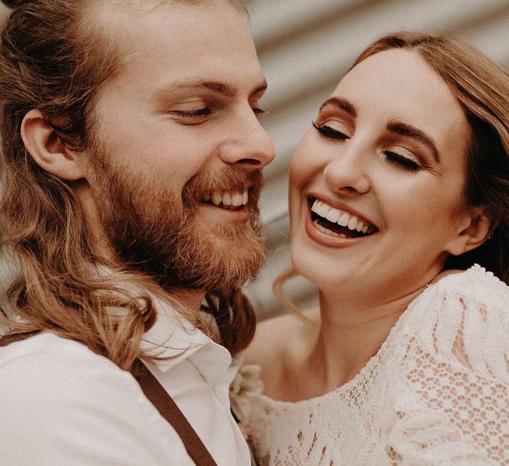 Two Bohemians Couple | Lucy Can't Dance Lace Bridal Gown | Boho at The Barns at Lodge Farm, Essex, by Rock The Day Styling | Kelsie Low Photography