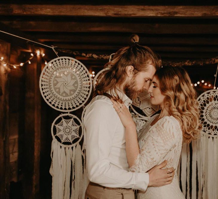 Two Bohemians Couple | Dream Catcher Wedding Decor | Lucy Can't Dance Lace Bridal Gown | Boho at The Barns at Lodge Farm, Essex, by Rock The Day Styling | Kelsie Low Photography