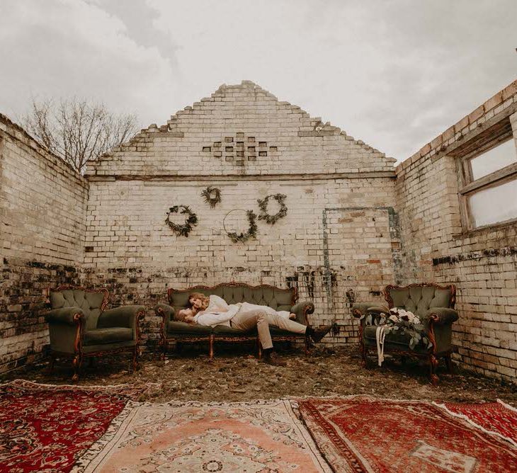 Antique Sofas | Two Bohemians Couple | Boho at The Barns at Lodge Farm, Essex, by Rock The Day Styling | Kelsie Low Photography