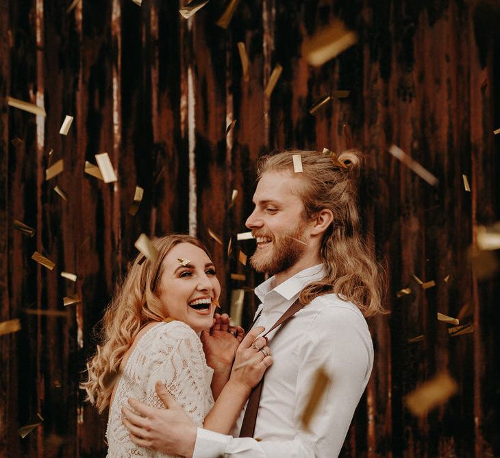 Two Bohemians Couple | Lucy Can't Dance Lace Bridal Gown | Boho at The Barns at Lodge Farm, Essex, by Rock The Day Styling | Kelsie Low Photography