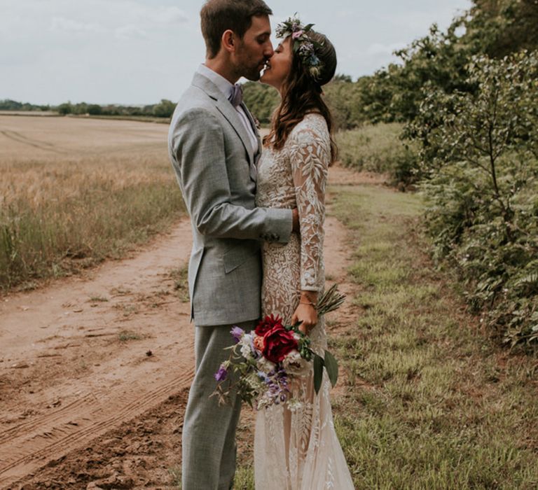 Wedding dress with lace puddle train