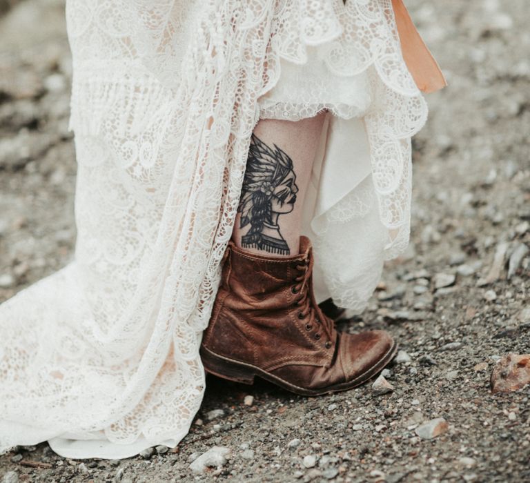 Brown bridal boots with lace wedding dress. . Boho wedding dresses