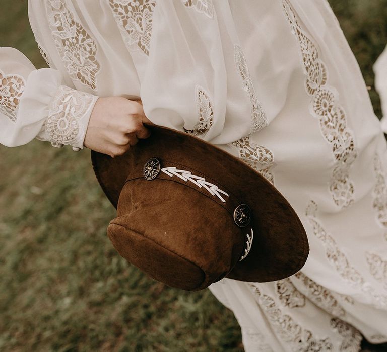 Felt bridal hat and boho wedding dress