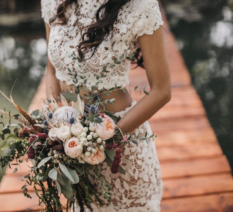 Lace bridal separates and feather crown. . Boho wedding dresses