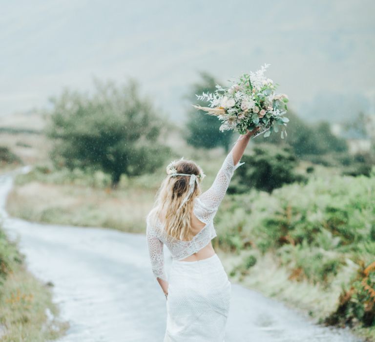 Boho bridal separates with lace top and bridal boots. . Boho wedding dresses