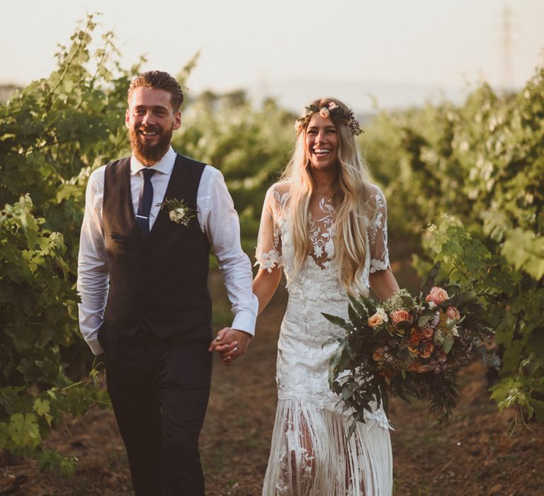 Handmade boho wedding dress with lace and fringe detail