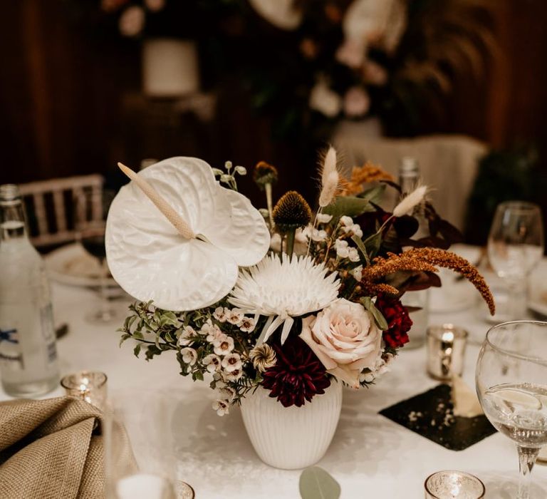 Wedding table flowers with white  Anthurium flowers