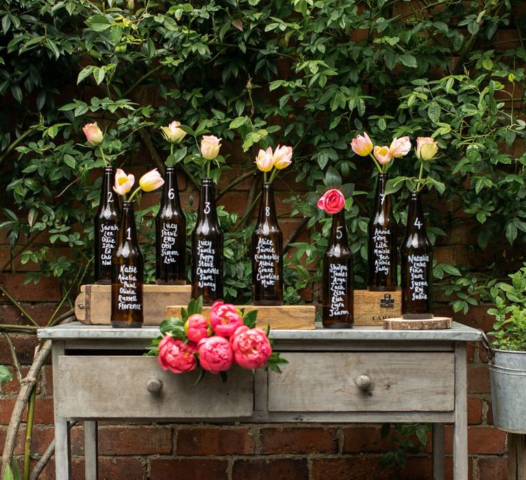 Table plan created out of eight brown beer bottles, rustic crates and beautiful flowers, all resting upon a limewashed occasional table