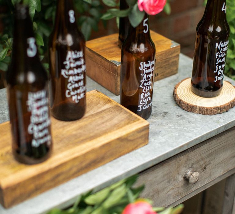 Table plan for a rustic outdoor barn wedding, created using brown bottles which have been written on using a white Pebeo pen, flowers and wooden crates, all resting upon a zinc-topped occasional table