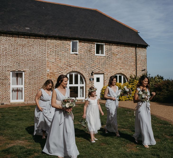 Bridal Party with Bridesmaids in Grey Dresses and Flower Girl in Monsoon Dress