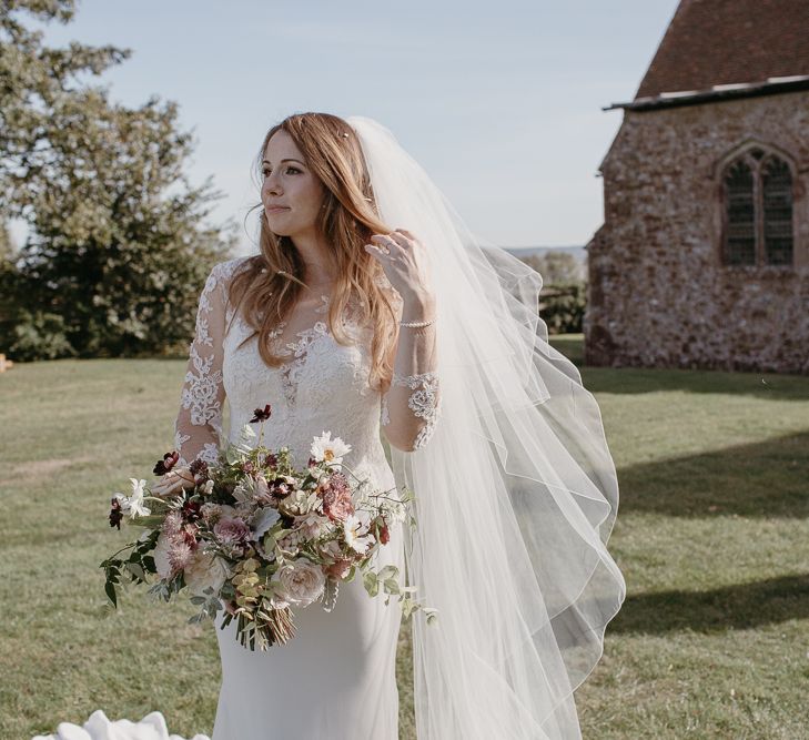 Bride in Lace St Partrick Wedding Dress with Long Sleeves