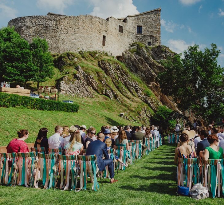 Outdoor Wedding Ceremony at Castello di Naro in Italy with Ribbon Chair Back Detail