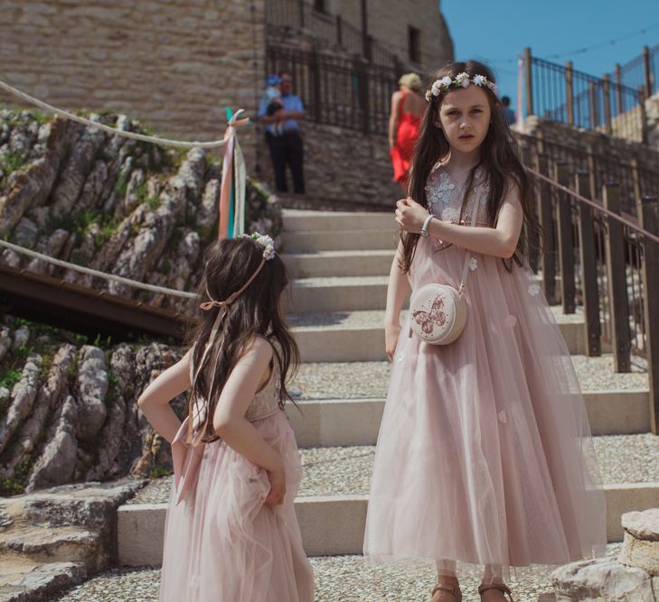 Flower Girls in Dusky Pink Tulle Dresses and Flower Crowns