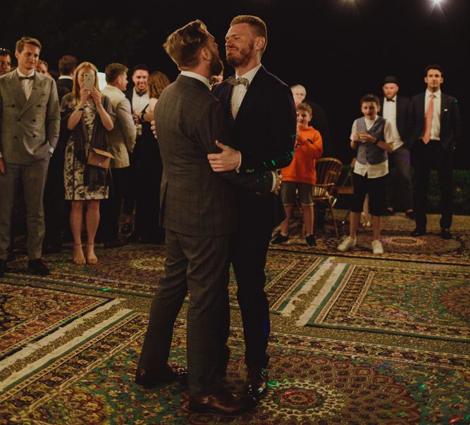 Mr &amp; Mr Same-Sex First Dance on Rugs and Under Fairy Lights