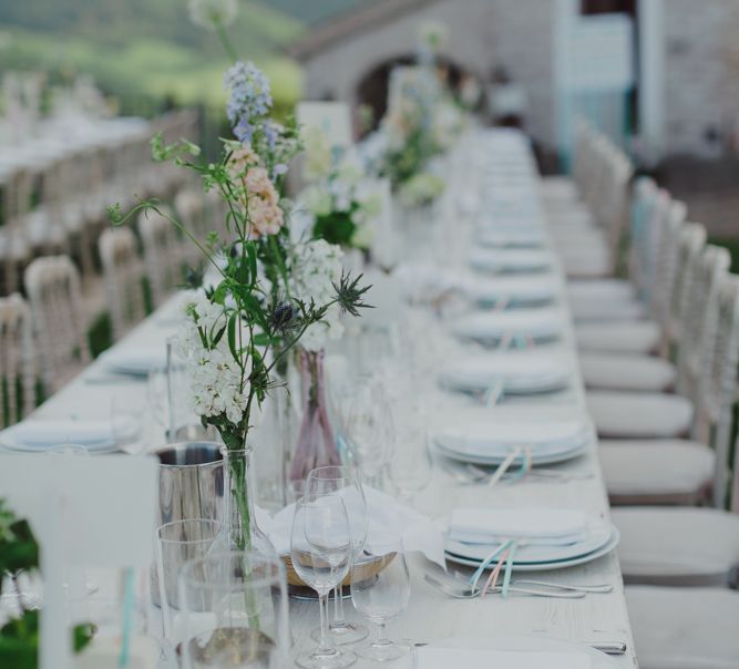 Pastel Wedding Flower Centrepieces and Fairy Light Reception Decor