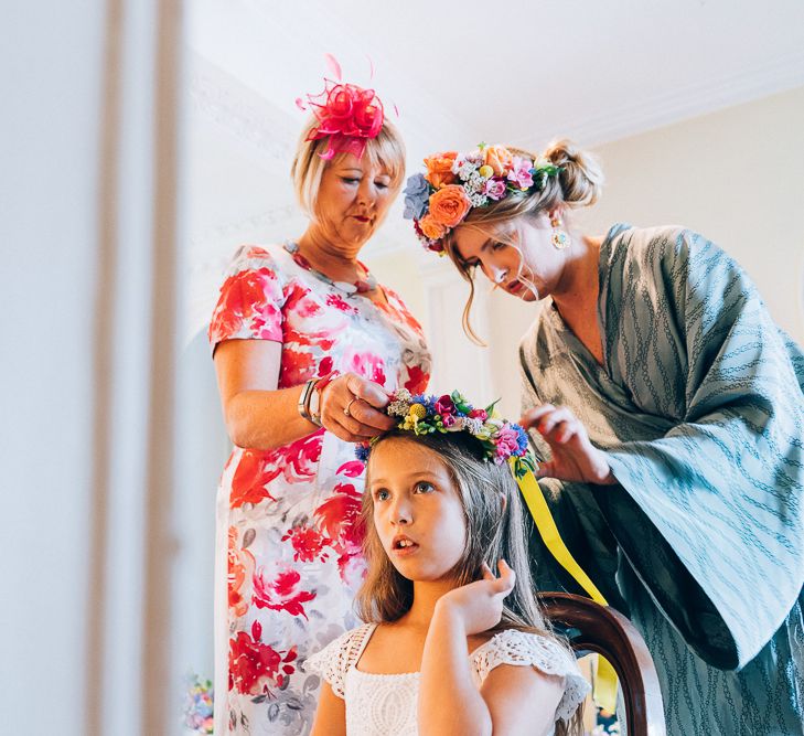 Bride In Brightly Coloured Flower Crown // Image By Casey Avenue Photography