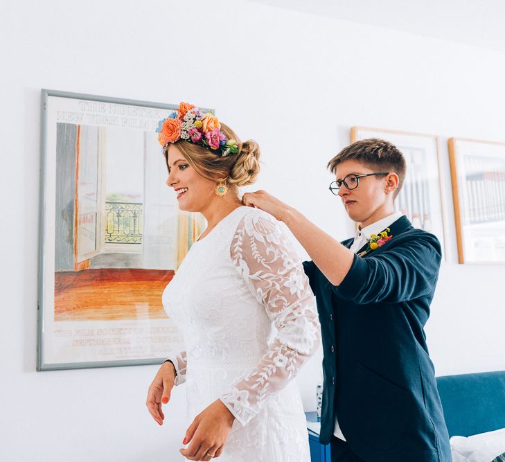 Bride In Brightly Coloured Flower Crown // Image By Casey Avenue Photography