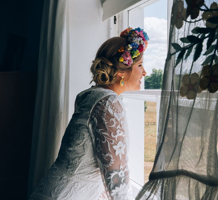 Bride In Brightly Coloured Flower Crown // Image By Casey Avenue Photography