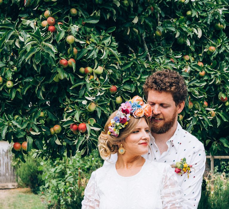 Bride In Brightly Colour Flower Crown // Image By Casey Avenue Photography