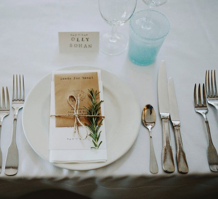 Wedding Place Setting With Rosemary Sprig // Image By David Jenkins Photography