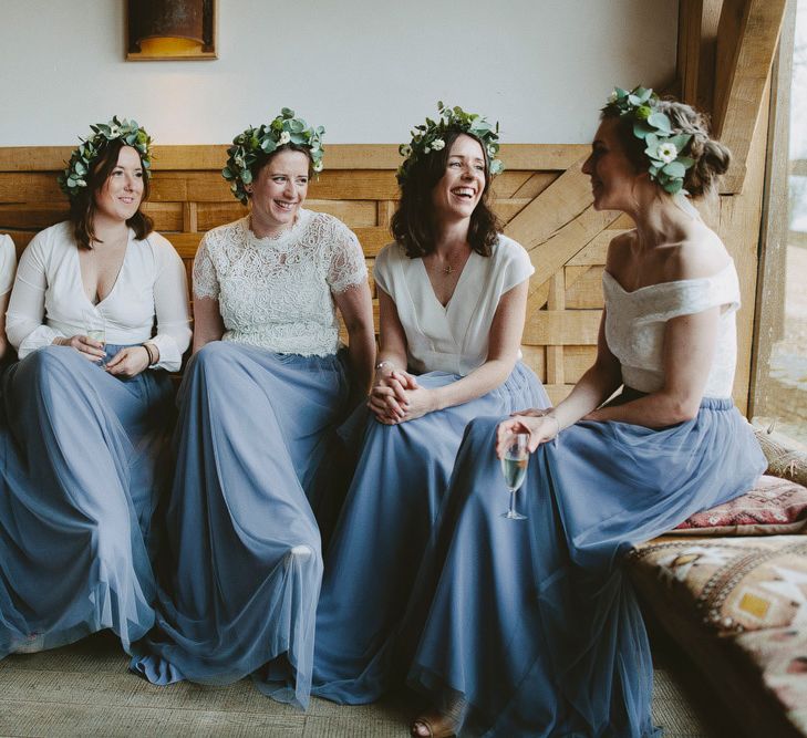 Bridesmaids In Cornflower Blue For Winter Wedding At Cripps Barn // Images David Jenkins Photography // Bride In Stewart Parvin Dress