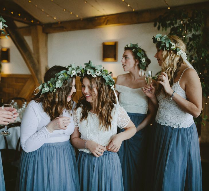 Bridesmaids In Cornflower Blue For Winter Wedding At Cripps Barn // Images David Jenkins Photography // Bride In Stewart Parvin Dress