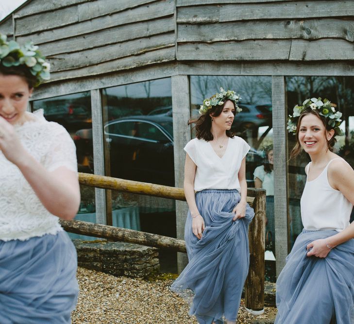 Bridesmaids In Cornflower Blue For Winter Wedding At Cripps Barn // Images David Jenkins Photography // Bride In Stewart Parvin Dress