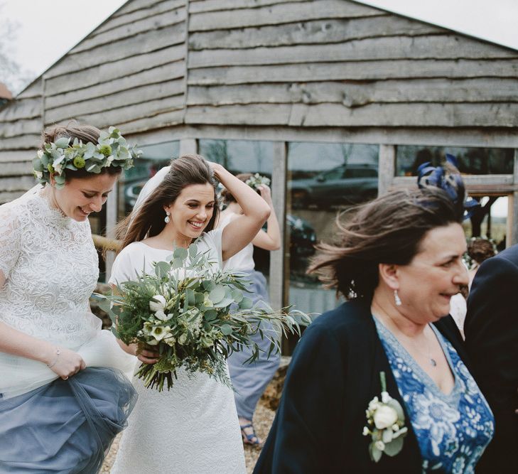 Bridesmaids In Cornflower Blue For Winter Wedding At Cripps Barn // Images David Jenkins Photography // Bride In Stewart Parvin Dress