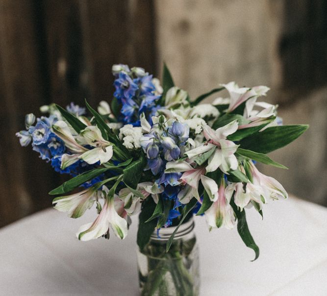 Blue and White Wedding Flowers in a Jar