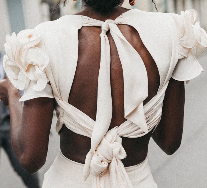 Bride in Johanna Ortiz Wedding Dress with Tie Back Detail