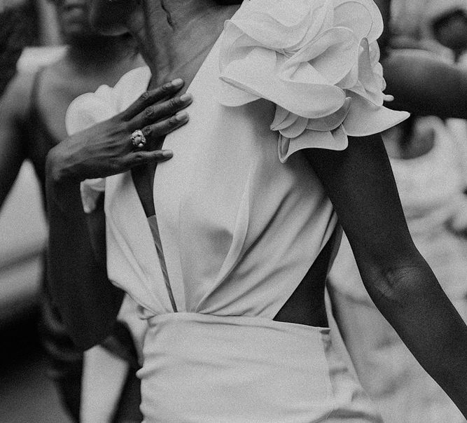 Bride in Johanna Ortiz Wedding Dress with Ruffle Shoulder Detail