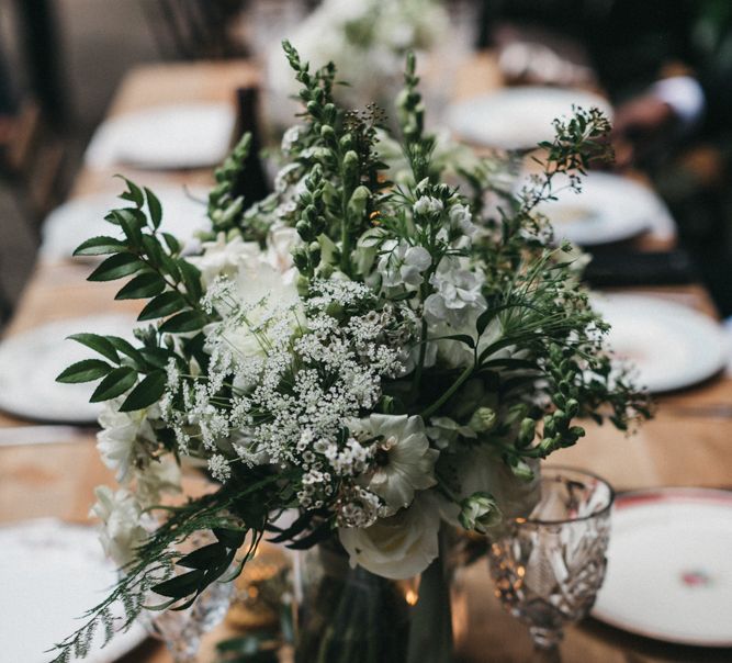 White and Green Wedding Flowers and Printed Tableware