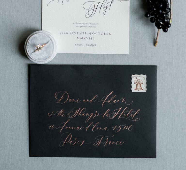 Calligraphy Wedding Stationery with Black Envelope and Gold Font