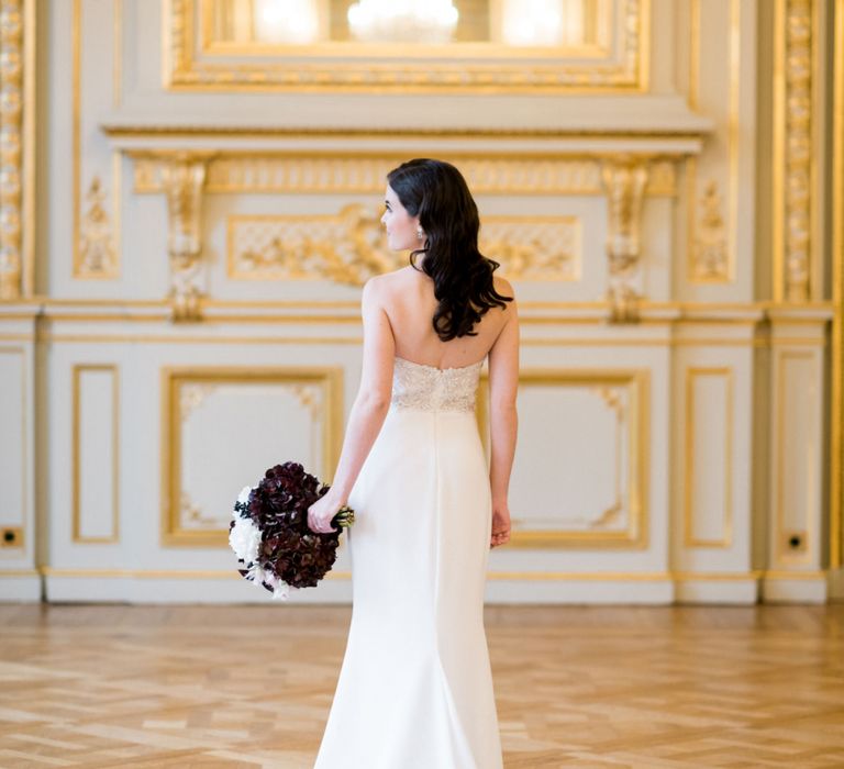 Beautiful Bride in an Off The Shoulder Tara Keely Wedding Dress with Finger Waves Hair