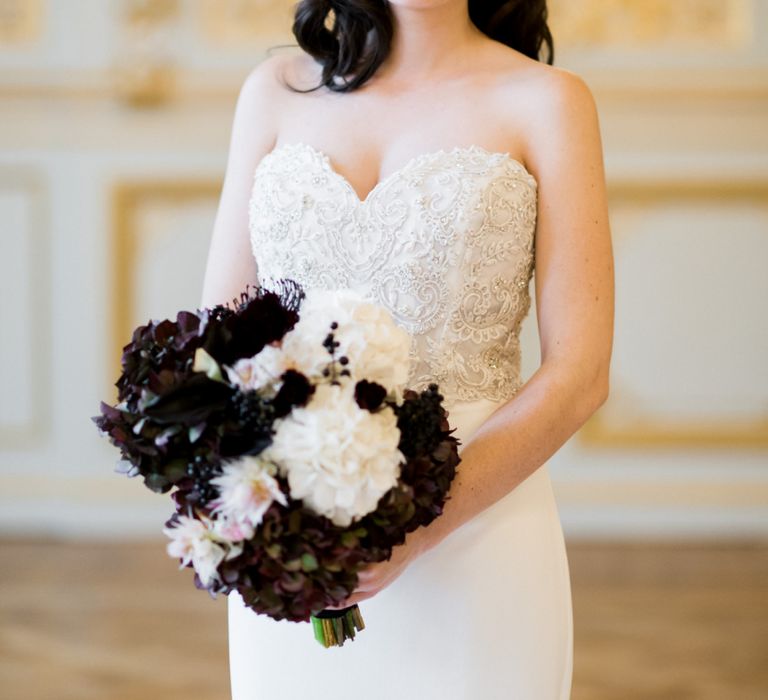 Glamorous Bride in a Sweetheart Neckline Tara Keely Wedding Dress with Black and White Bridal Bouquet