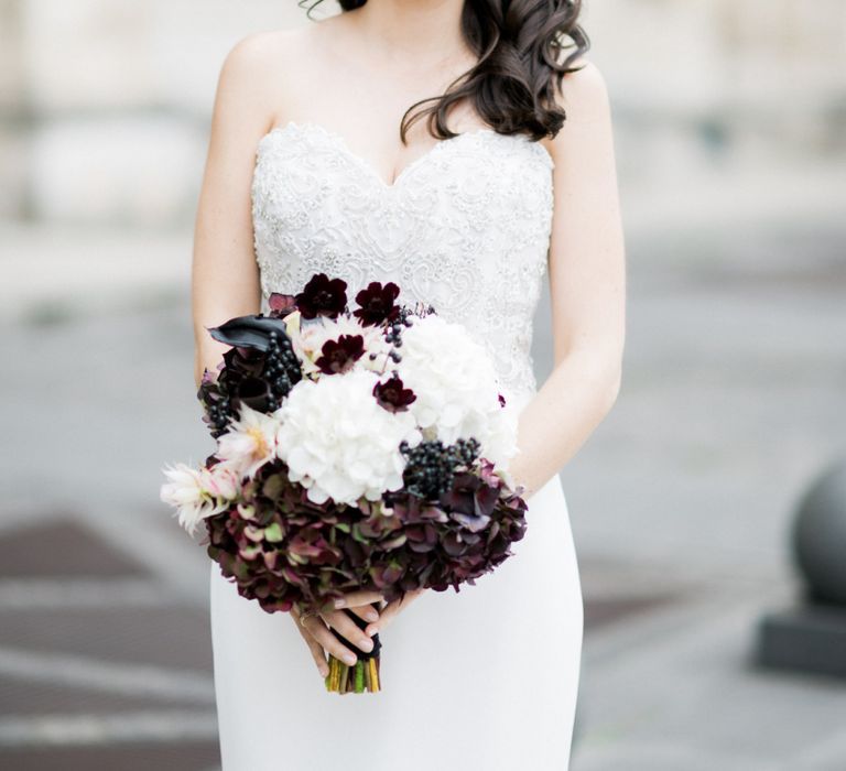 Glamorous Bride in Tara Keely Wedding Dress with Black and White Wedding Bouquet