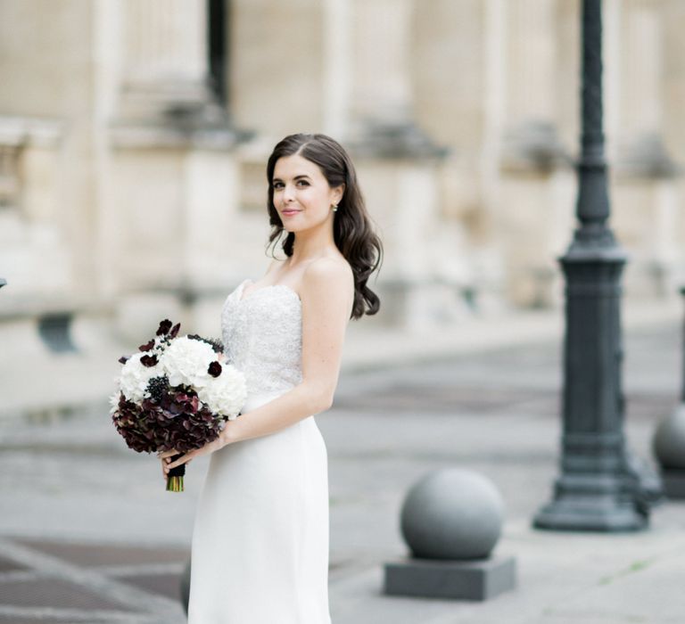 Glamorous Bride in Tara Keely Bridal Gown with Black and White Bridal Bouquet