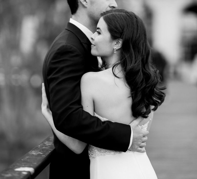 Intimate Black and White Portrait of Bride and Groom Embracing