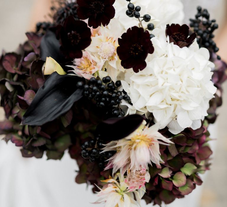 Black and White Bridal Bouquet with Hydrangeas and Lilly Wedding Flowers